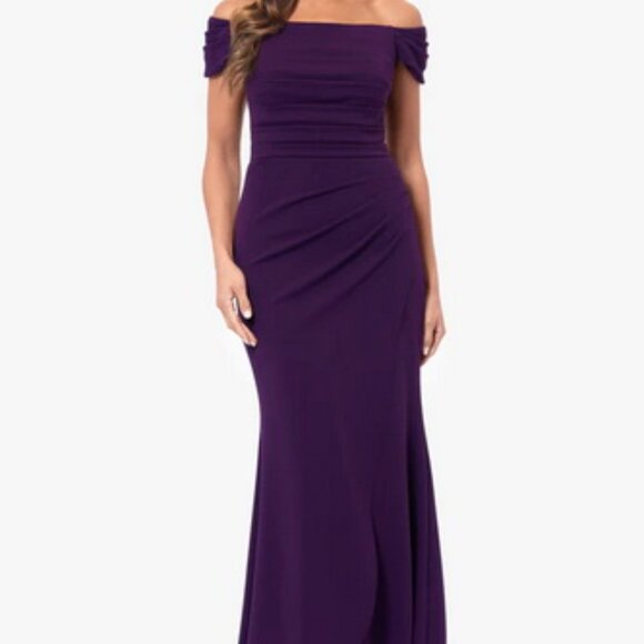 Xscape Mulberry Purple Ruffled Off-The-Shoulder Gown - Picture 1 of 5